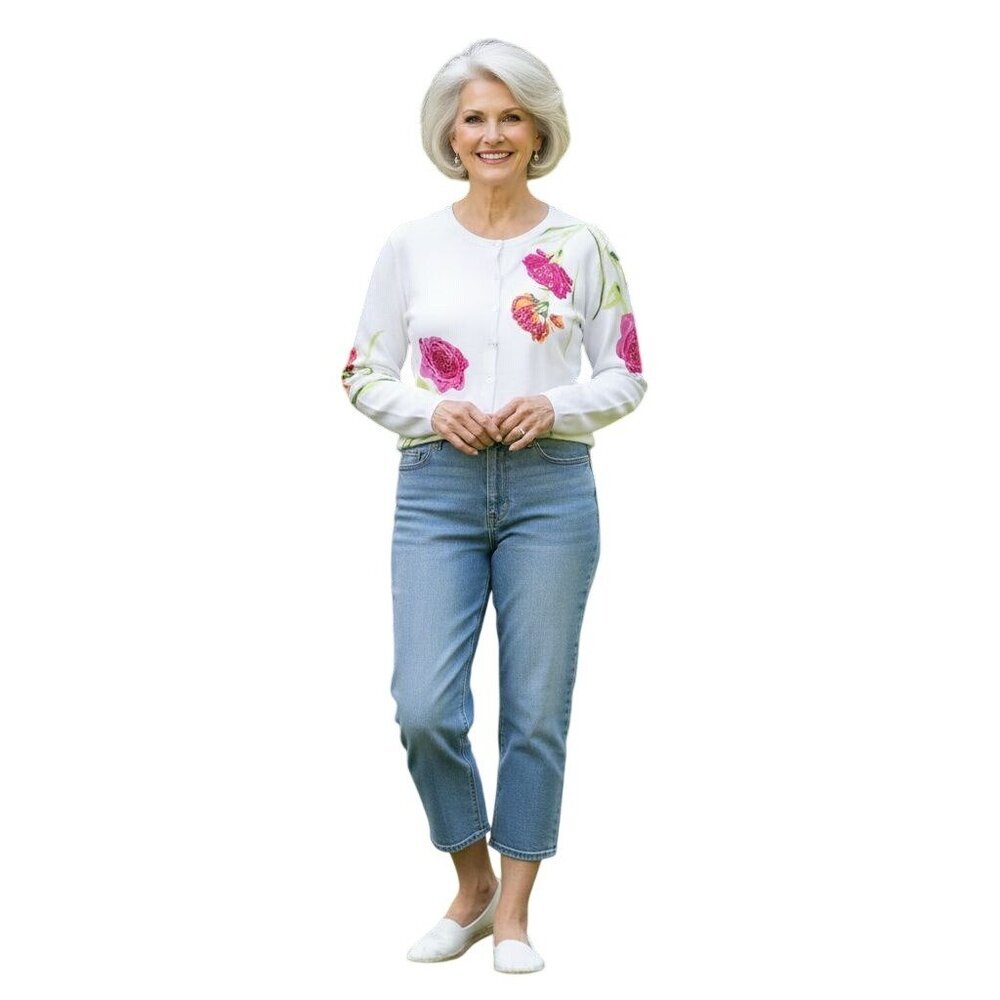 Quacker Factory White Pink Floral Sequined Plussize Cardigan Sweater Size 1X